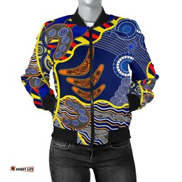 Aboriginal Women's Bomber Jacket, Australian Boomerang Dot Painting Art