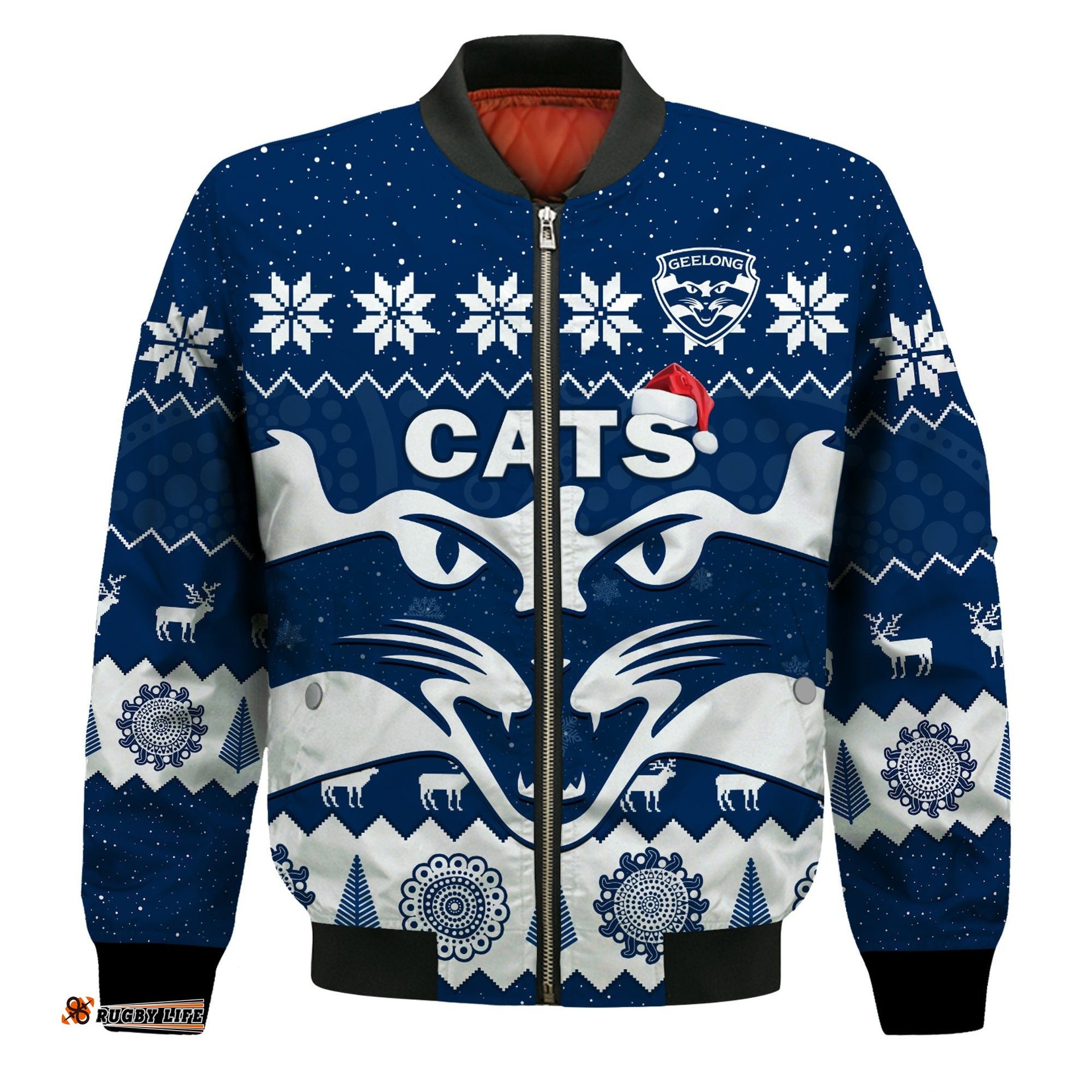 Cats Football Christmas Bomber Jacket Geelong Aboriginal Painting