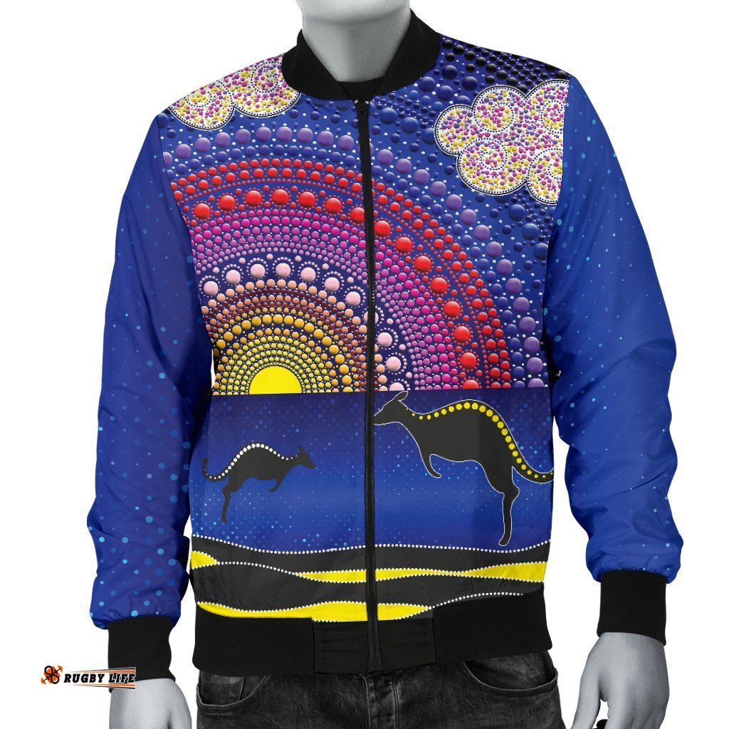 Aboriginal Men's Bomber Jacket - Sunset Over The Sea And Kangaroo Dot Painting