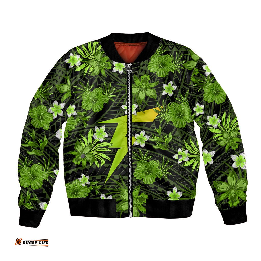Australian Thunder Cricket Bomber Jacket Baeuty Pacific Hibiscus and Polynesian Pattern