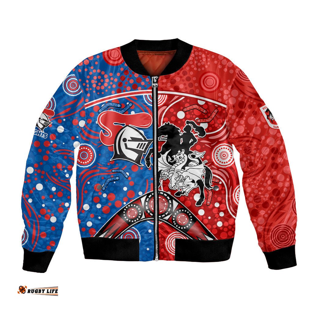 NRL Knights and Dragons Together Bomber Jacket Boomerang Indigenous Dots