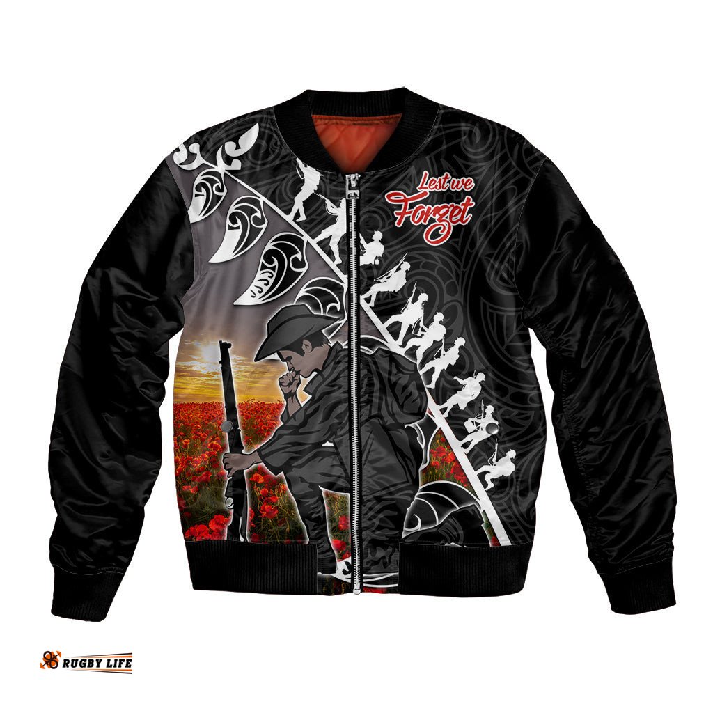 Aotearoa ANZAC Day Bomber Jacket Maori Fern With Poppy Vibe