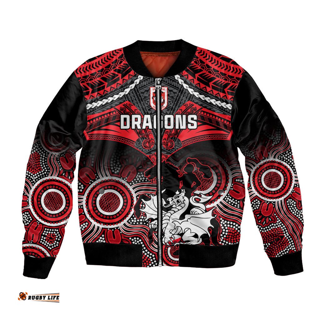 Personalised Dragons Rugby Bomber Jacket Saints 1998 Aboriginal Mix Polynesian Pattern