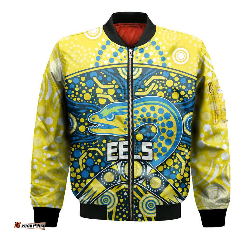Parramatta Eels Rugby Bomber Jacket Boomerang Indigenous Dots