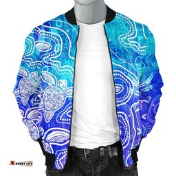 Aboriginal Men's Bomber Jacket - Sea Turtle With Indigenous Patterns Blue