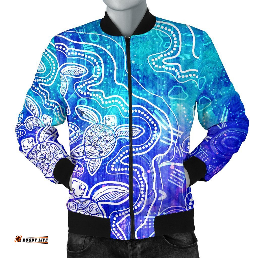 Aboriginal Men's Bomber Jacket - Sea Turtle With Indigenous Patterns Blue