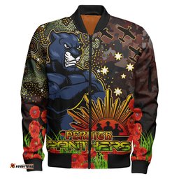 Panthers Rugby Bomber Jacket - Custom Anzac Panthers with Remembrance Poppy and Indigenous Patterns Bomber Jacket RLT13