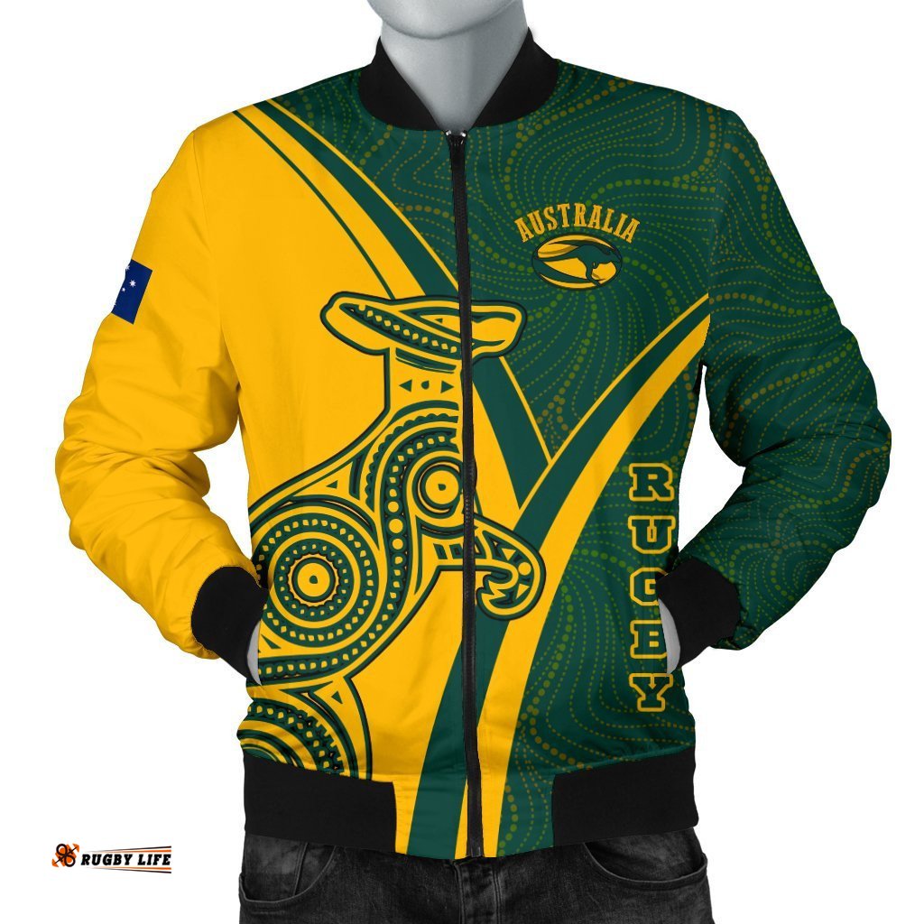 Rugby Men's Bomber Jacket - Australian Rugby Kangaroo & Aboriginal Patterns