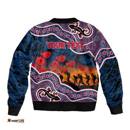 Custom Personalised Anzac Day NRL - Rooster Bomber Jacket Aboriginal Lizard Patterns