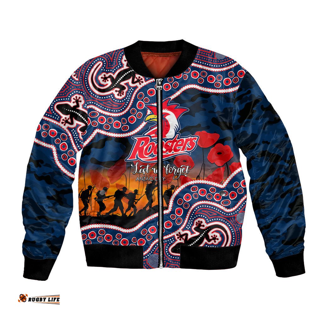 Custom Personalised Anzac Day NRL - Rooster Bomber Jacket Aboriginal Lizard Patterns