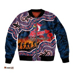Custom Personalised Anzac Day NRL - Rooster Bomber Jacket Aboriginal Lizard Patterns