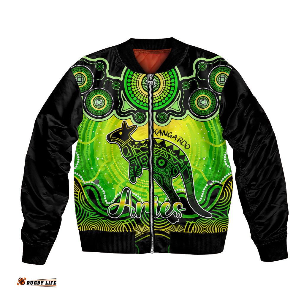 Personalised Australia Aries Kangaroo Zodiac Bomber Jacket Auz Astrology Aboriginal - Green