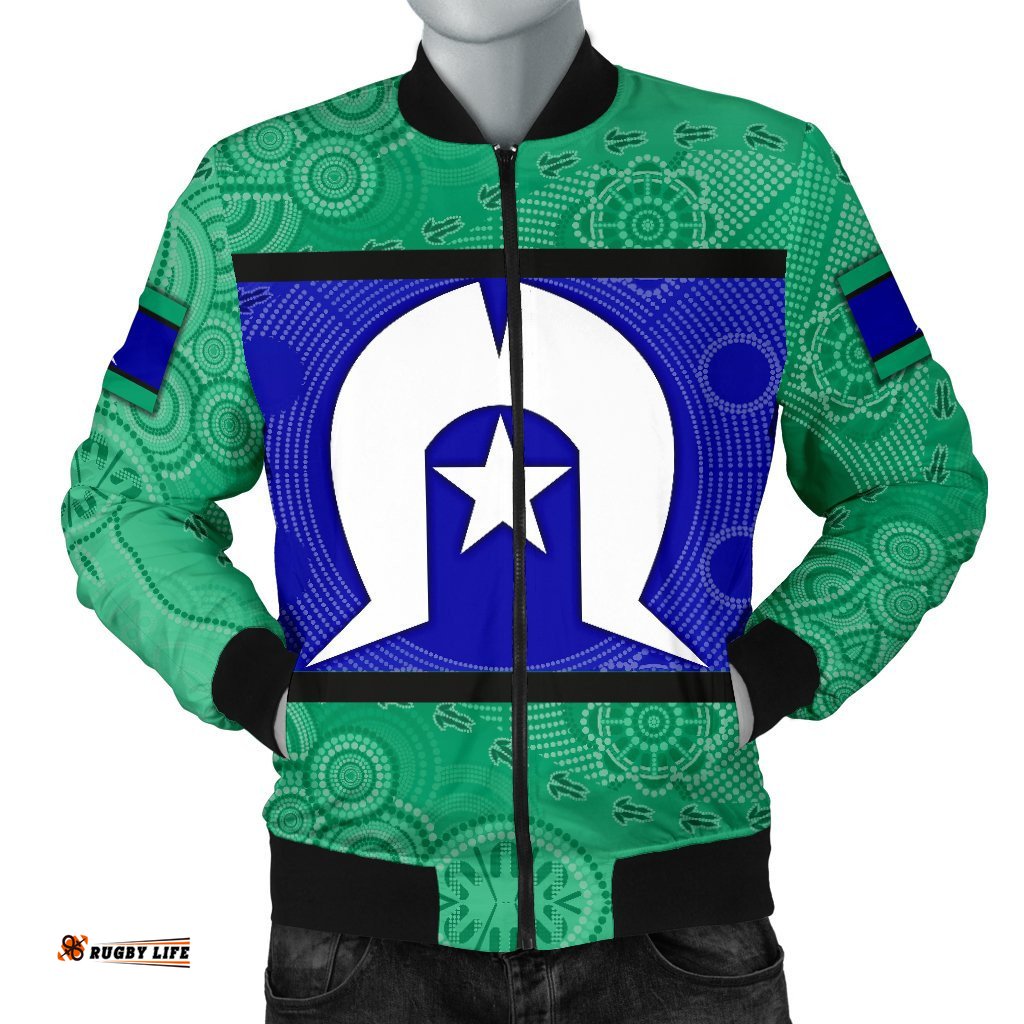 Men's Bomber Jacket, Torres Strait Islands Flag With Aboriginal Patterns
