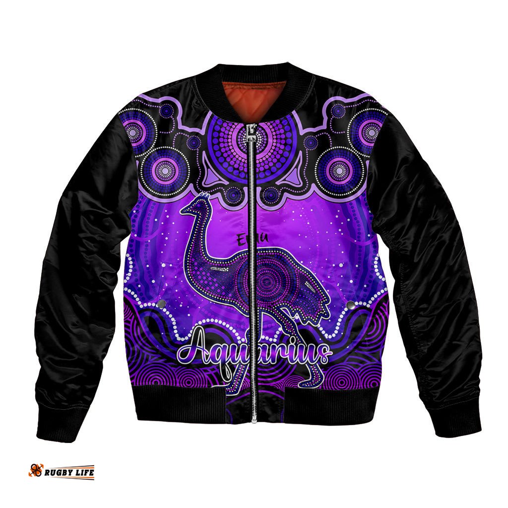 Personalised Australia Aquarius Emu Zodiac Bomber Jacket Auz Astrology Aboriginal - Purple