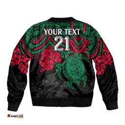 Custom Rabbitohs Rugby Bomber Jacket Bunnies Hibiscus and Turtle With Polynesian Pattern