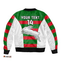 Custom Text And Number Rabbitohs Rugby Bomber Jacket Go Souths 1908 Sporty Style White