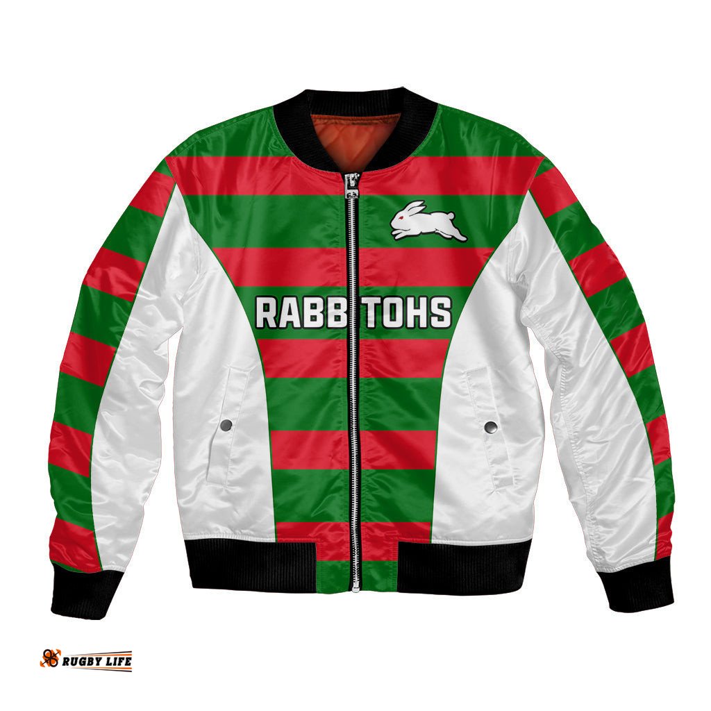 Custom Text And Number Rabbitohs Rugby Bomber Jacket Go Souths 1908 Sporty Style White