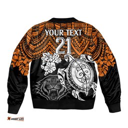 Custom Wests Tigers Rugby Bomber Jacket Hibiscus and Turtle With Polynesian Pattern