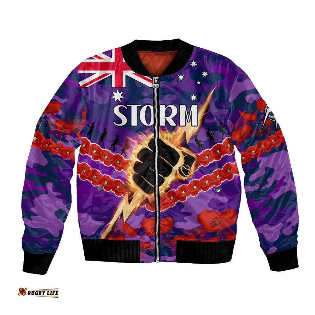 Custom Text And Number Storm Rugby ANZAC Bomber Jacket Lest We Forget