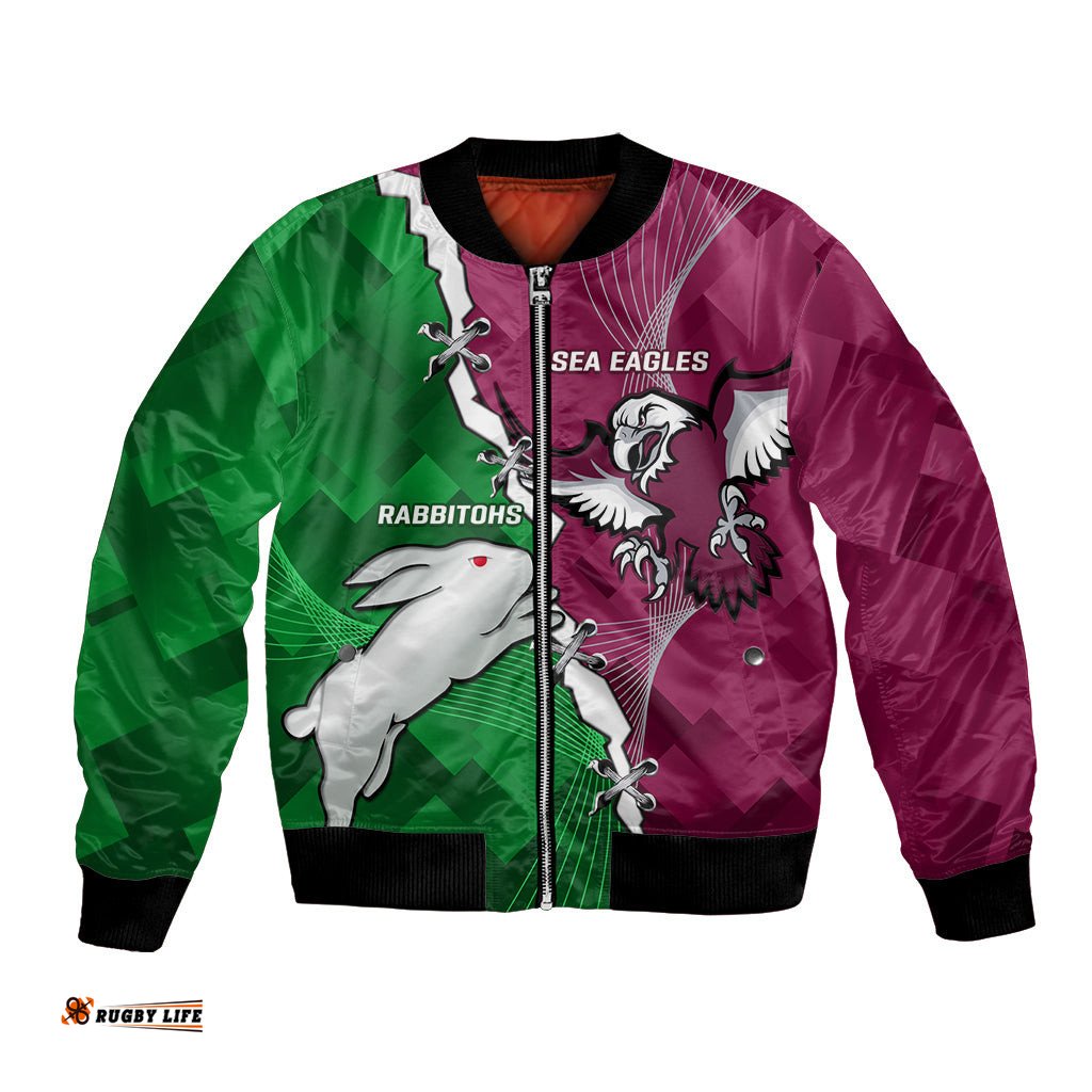 Personalised Rabbitohs And Eagles Rugby Bomber Jacket NRL 2024 Dynamic Together