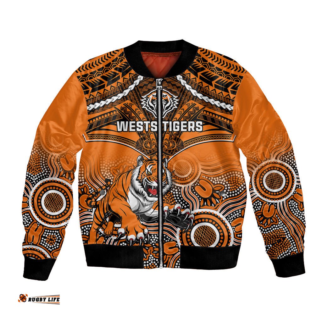Personalised Tigers Rugby Bomber Jacket Aboriginal Mix Polynesian Pattern