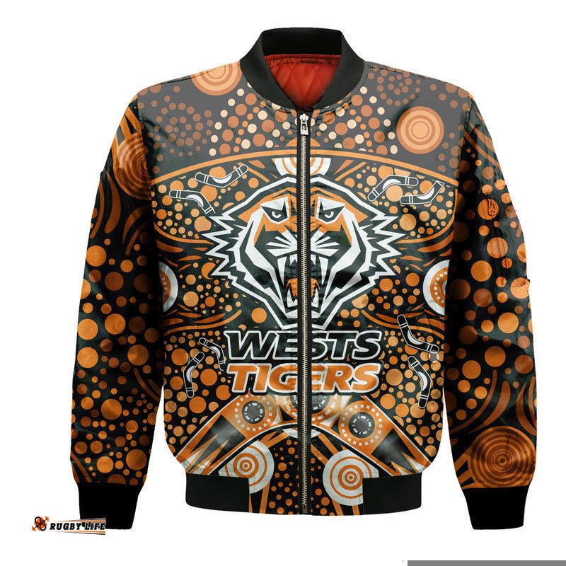 Custom Personalised Wests Tigers Rugby Bomber Jacket Boomerang Indigenous Dots