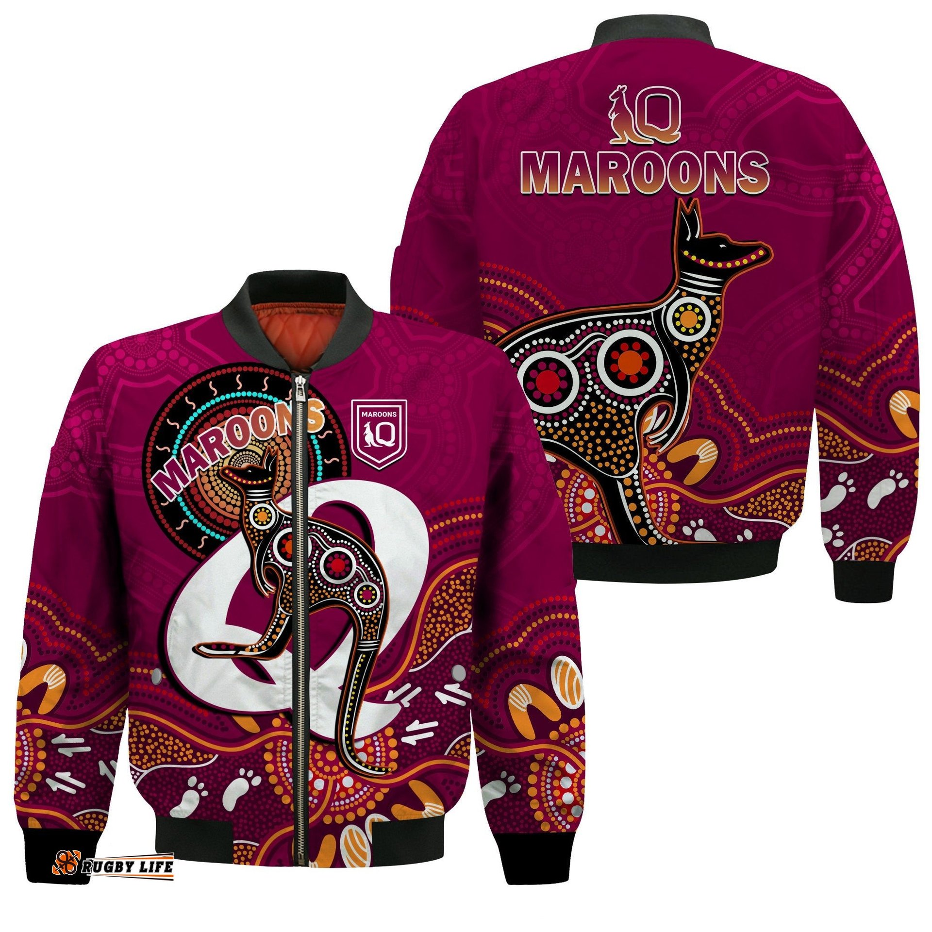 Maroons Rugby Bomber Jacket Queensland Kangaroo Aboriginal Dot Paintings