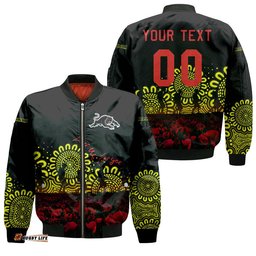Penrith Panthers Bomber Jacket Personalized Aboriginal Rugby Anzac Day Poppy With Soldiers - NRL