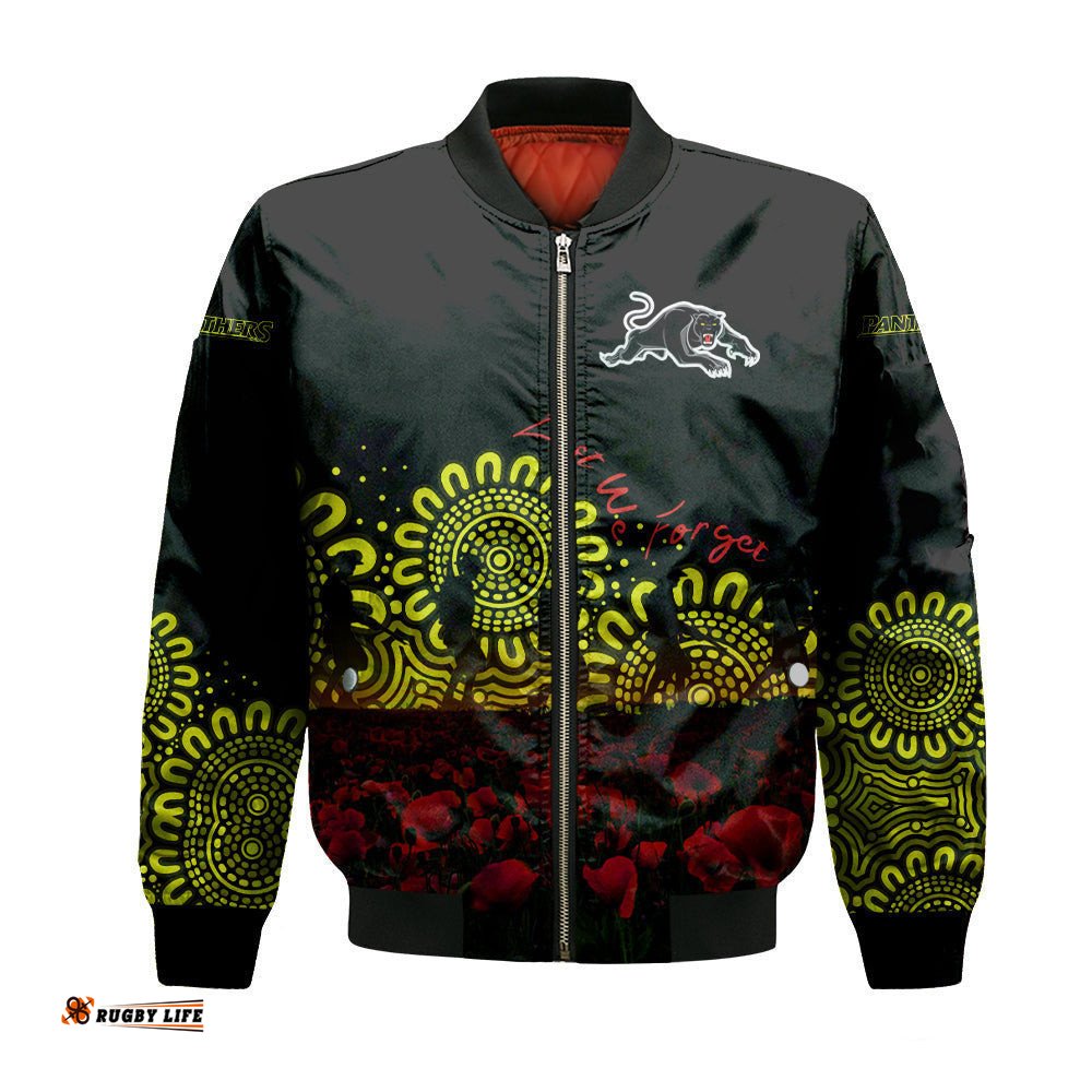 Penrith Panthers Bomber Jacket Personalized Aboriginal Rugby Anzac Day Poppy With Soldiers - NRL