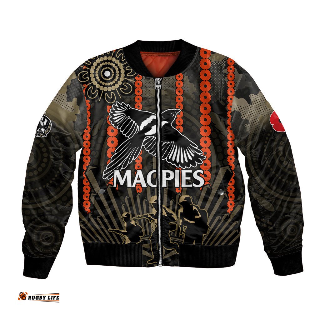 Custom Text And Number ANZAC Collingwood Football Bomber Jacket Proud To Be Magpies Poppy Flowers and Aboriginal Version