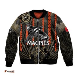 Custom Text And Number ANZAC Collingwood Football Bomber Jacket Proud To Be Magpies Poppy Flowers and Aboriginal Version