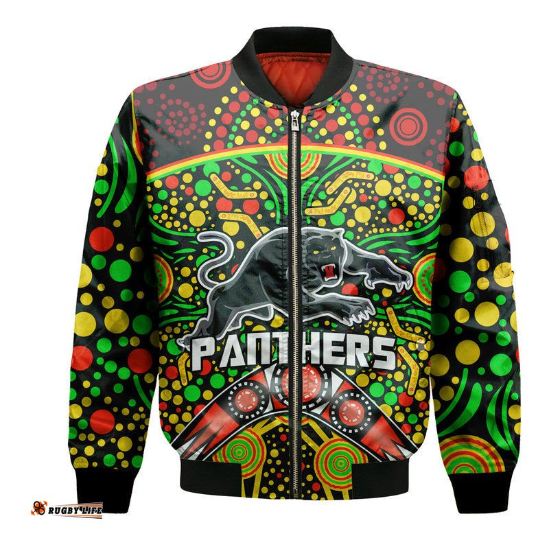 Custom Personalised Panthers Rugby Bomber Jacket Boomerang Indigenous Dots