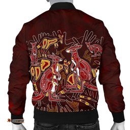 Aboriginal Men's Bomber Jacket - Kangaroo family with Hand Art