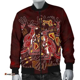 Aboriginal Men's Bomber Jacket - Kangaroo family with Hand Art