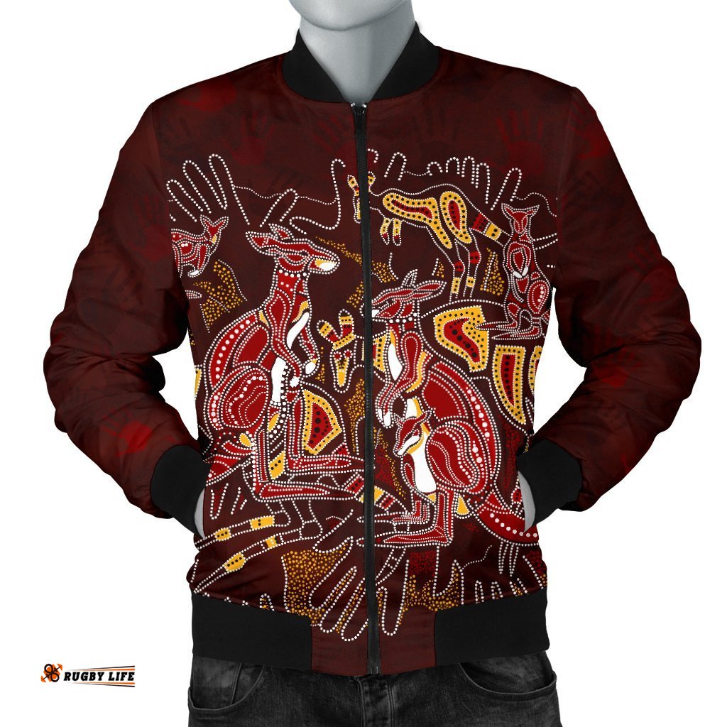 Aboriginal Men's Bomber Jacket - Kangaroo family with Hand Art