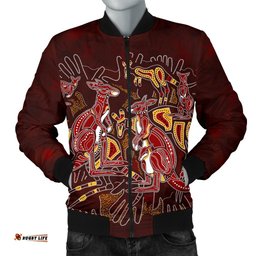 Aboriginal Men's Bomber Jacket - Kangaroo family with Hand Art