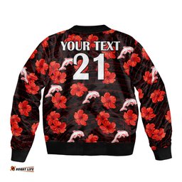 Custom Text And Number Dolphins Rugby Bomber Jacket Polynesian Style With Hibiscus