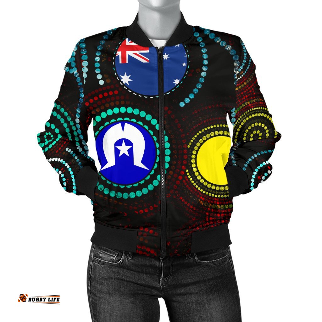 Women's Bomber Jackets - Aborigibal Dot Painting & Flag
