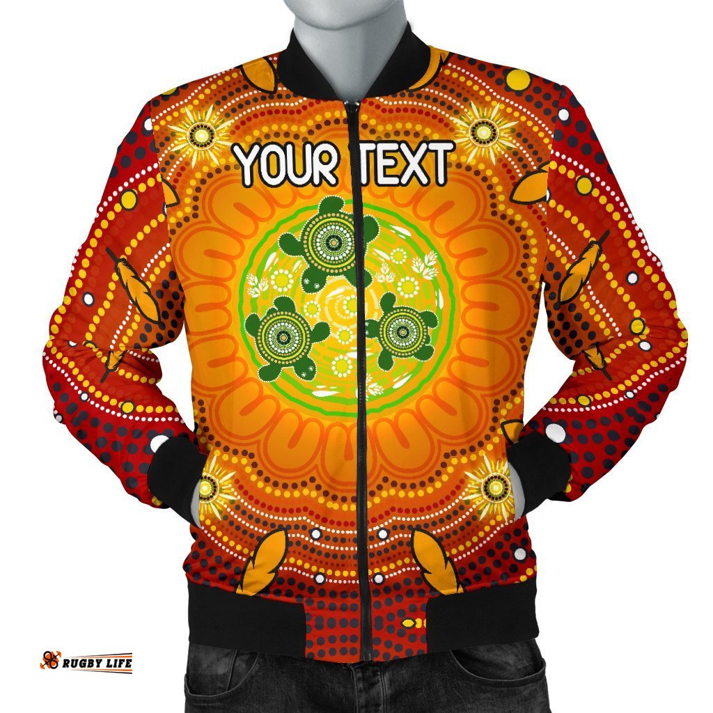 Custom Text Aboriginal Men's Bomber Jacket - Turtle Circle Dot Painting Art