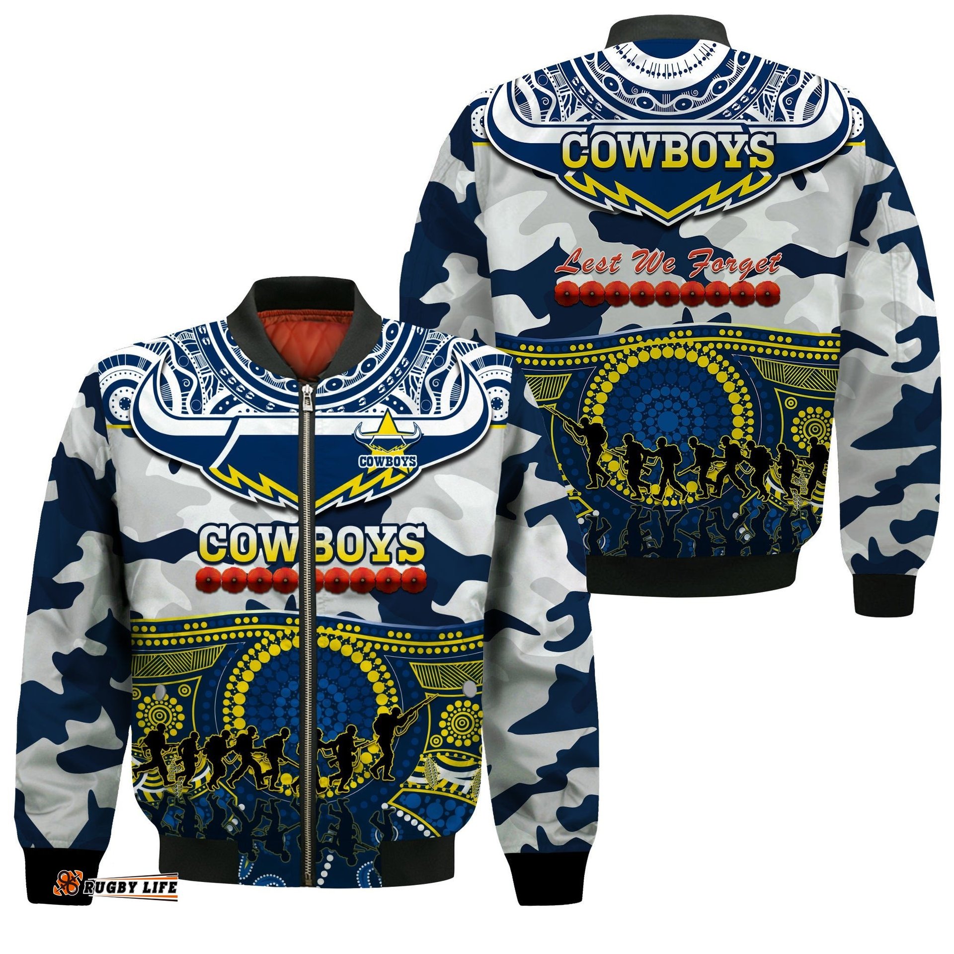 Cowboys Rugby ANZAC Bomber Jacket Indigenous Poppy Mix Camouflage