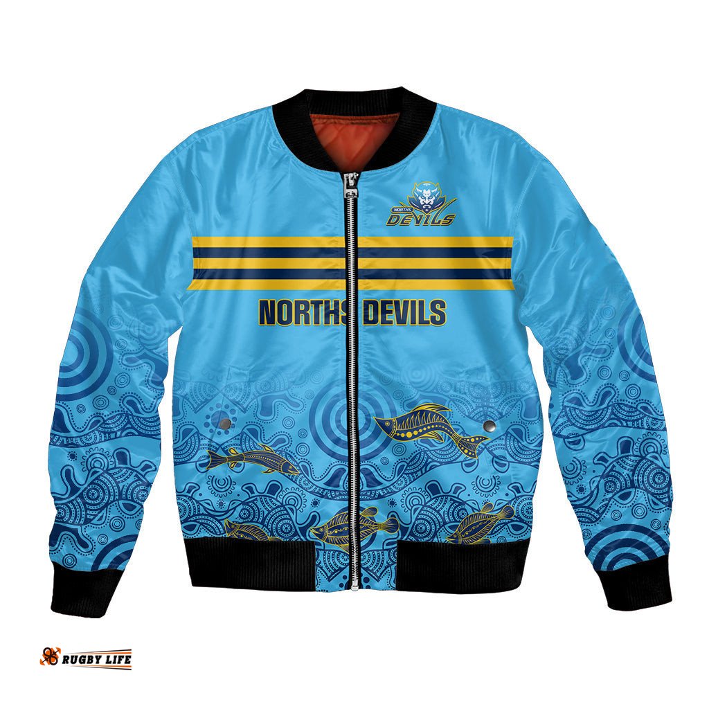 Personalised Australia Rugby Bomber Jacket Norths Devils Indigenous Art