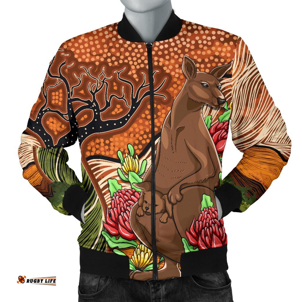 Aboriginal Men's Bomber Jacket - Kangaroo With Indigenous Tree