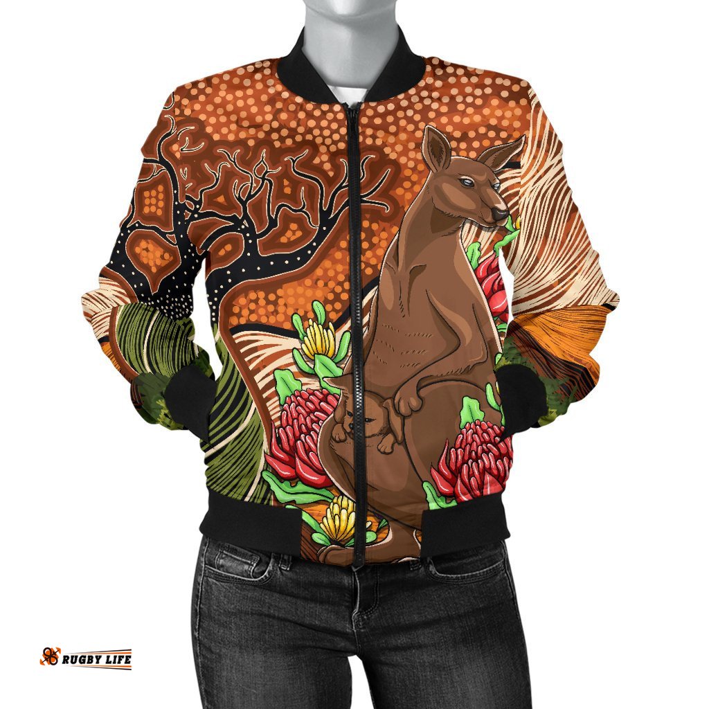 Aboriginal Women's Bomber Jacket - Kangaroo With Indigenous Tree