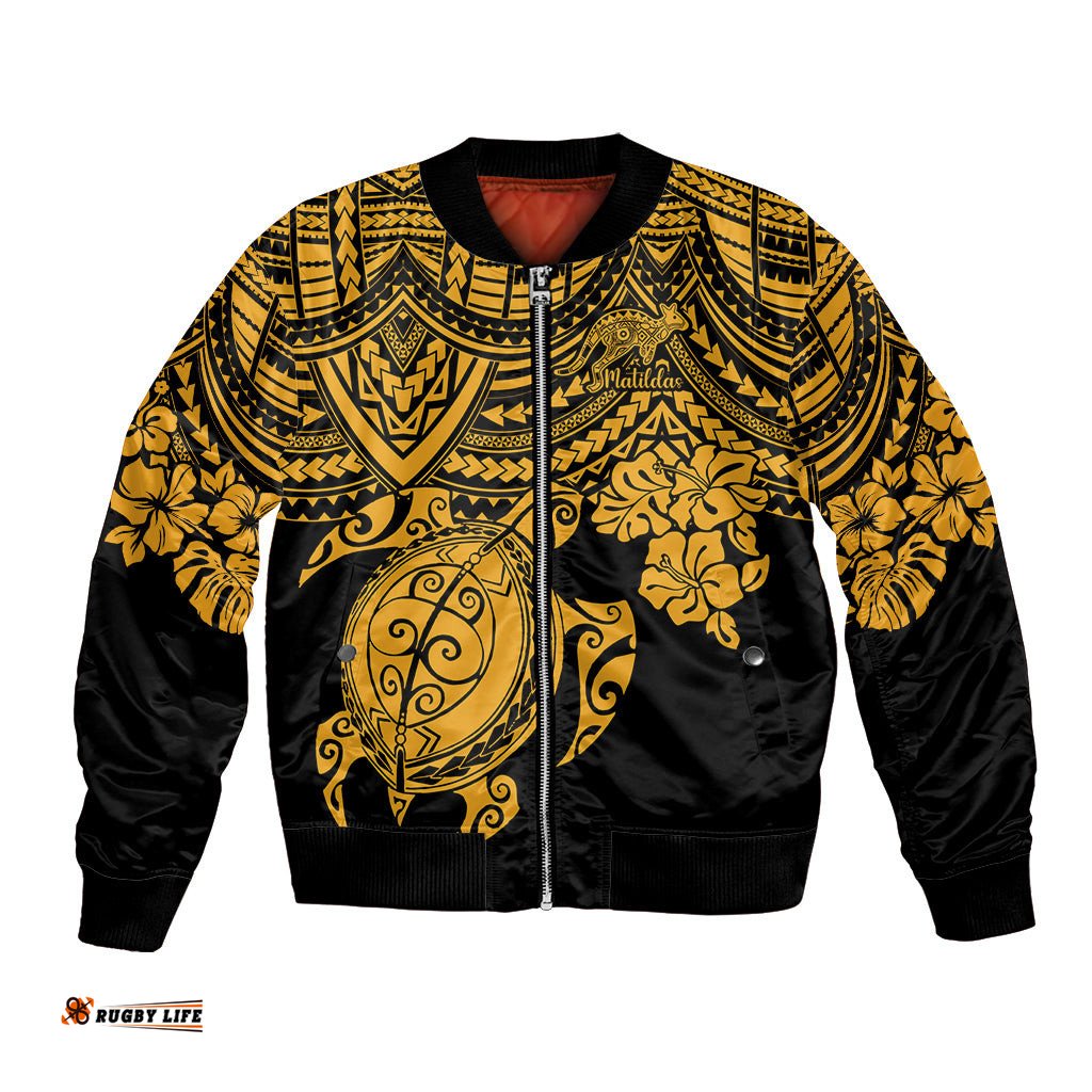 Custom Australia Matildas Bomber Jacket Hibiscus and Turtle With Polynesian Pattern