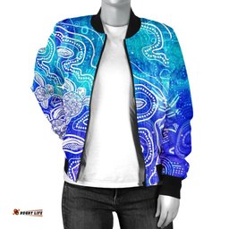 Aboriginal Women's Bomber Jacket - Sea Turtle With Indigenous Patterns Blue