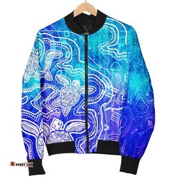 Aboriginal Women's Bomber Jacket - Sea Turtle With Indigenous Patterns Blue