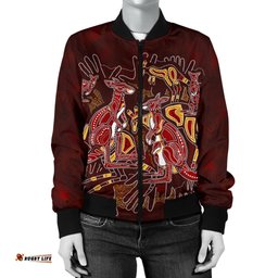Aboriginal Women's Bomber Jacket - Kangaroo family with Hand Art