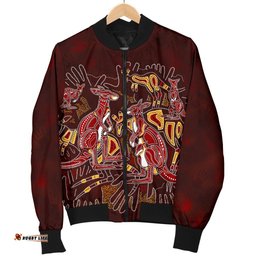 Aboriginal Women's Bomber Jacket - Kangaroo family with Hand Art
