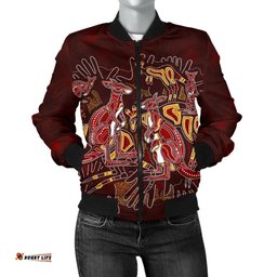 Aboriginal Women's Bomber Jacket - Kangaroo family with Hand Art