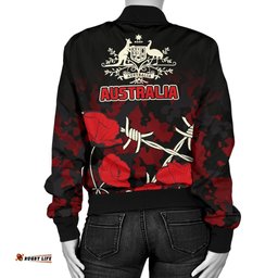 Anzac Women's Bomber Jacket - Anzac with Remembrance Poppy Flower